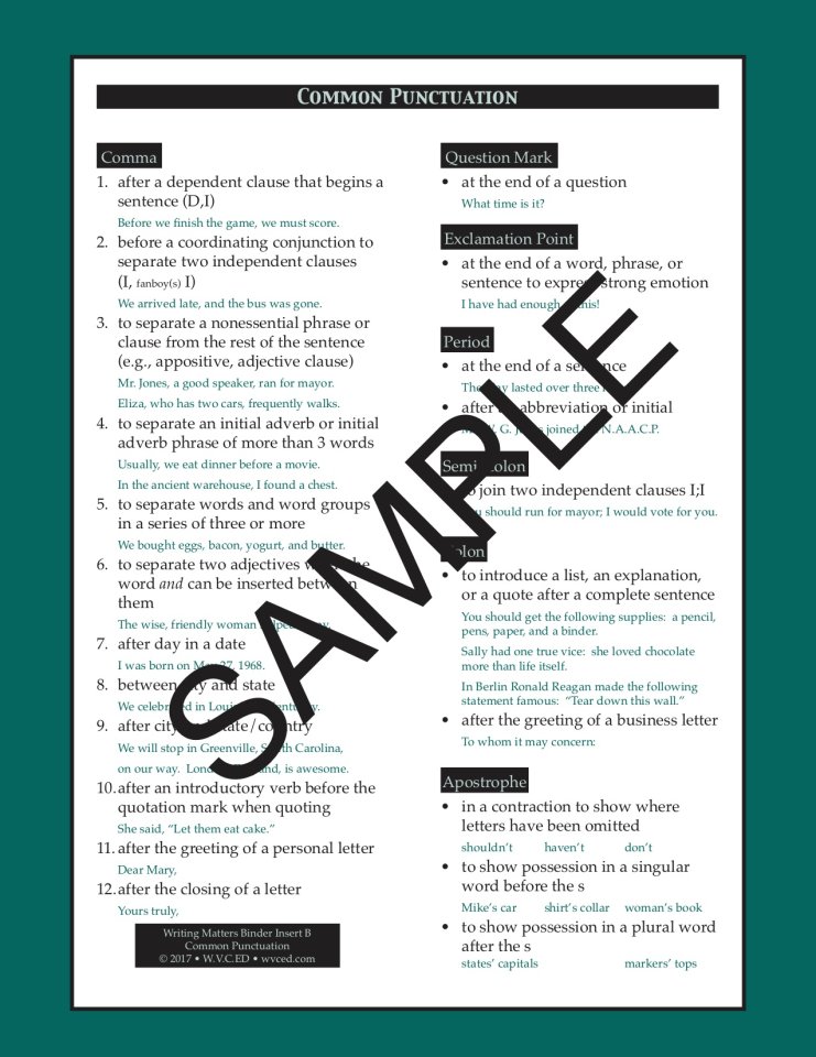 Writing Skills Reference Card B: Punctuation and Signal Words - Click Image to Close